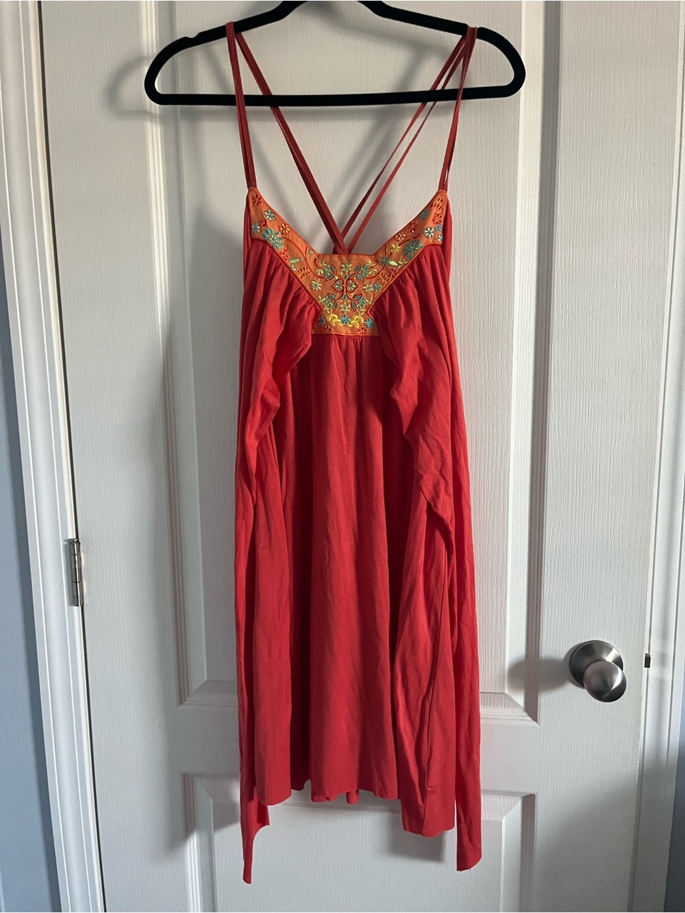 Coral Spaghetti Strap Dress with Embroidered Yoke by Free People